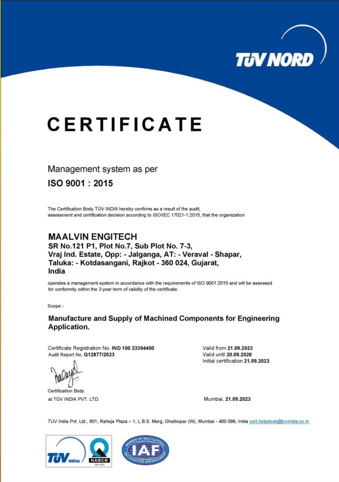 Maalvin Engitech ISO 9001:2015 Certificate